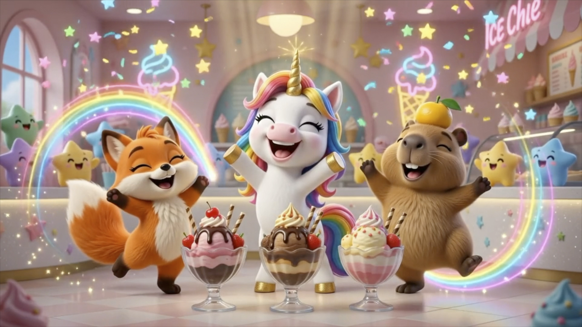 Mimi the unicorn, Rae the fox and Yuzu the capybara singing and dancing together in a rainbow world